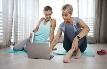 Poster - Better sore than sorry. Shot of two mature women browsing the internet for new workout ideas while exercising at home.