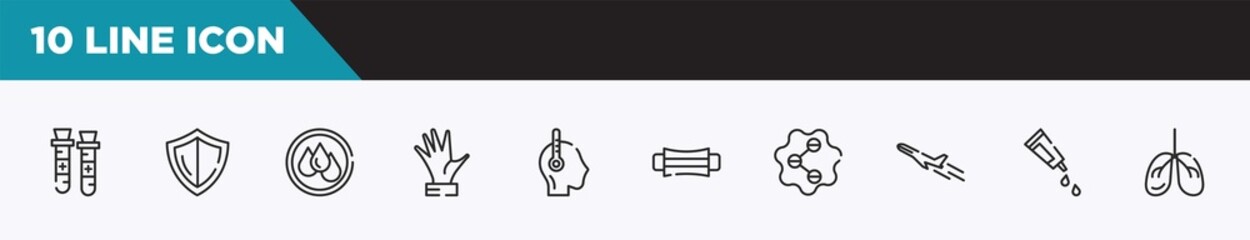 Poster - set of 10 outline icons. editable thin line icons such as blood sample, shield, wet, hand, fever, hygiene mask, social vector illustration.