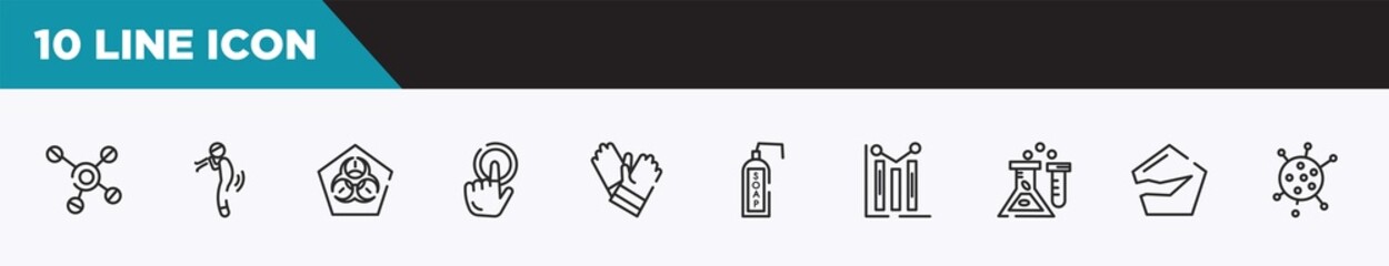 Poster - set of 10 outline icons. editable thin line icons such as cells, difficulty brea, biohazard, touch, gloves, liquid soap, graph vector illustration.