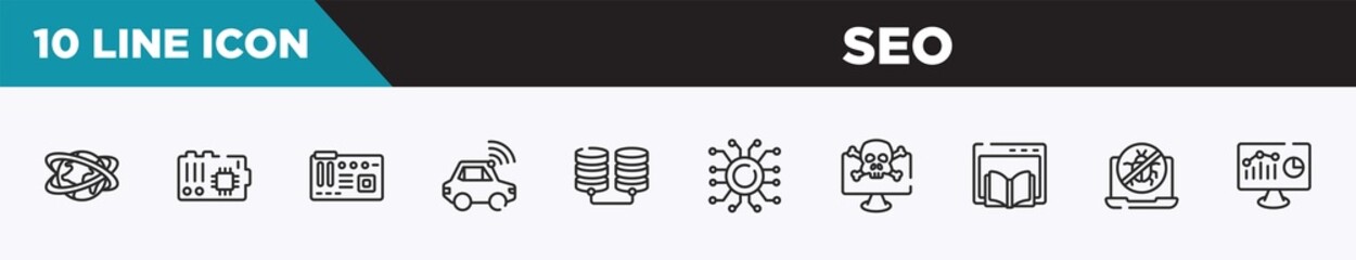 Poster - set of 10 outline seo icons. editable thin line icons such as networld, mainboard, motherboard, autonomous car, database storage, nanotech, crime vector illustration.