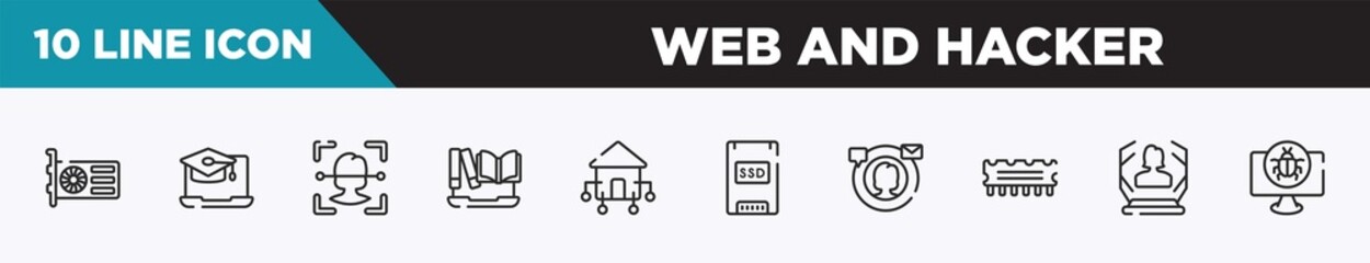 Poster - set of 10 outline web and hacker icons. editable thin line icons such as gpu, online university, face recognition, encyclopedia, domotics, solid state drive, digital campaign vector illustration.