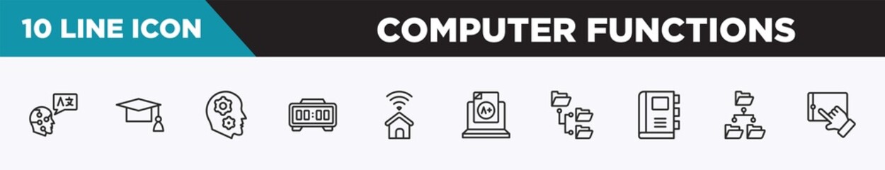 Poster - set of 10 outline computer functions icons. editable thin line icons such as translation, graduation cap, thought, digital clock, smarthome, grades, directory vector illustration.