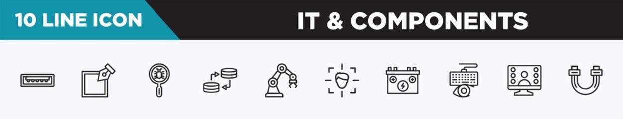 Poster - set of 10 outline it & components icons. editable thin line icons such as usb port, edit tool, malware, data transfer, mechanical arm, detection, power source vector illustration.