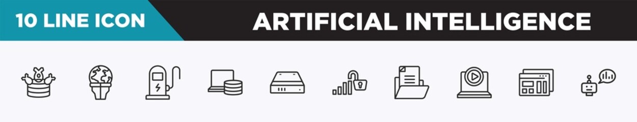 Poster - set of 10 outline artificial intelligence icons. editable thin line icons such as ddos, stalk, electric station, computer storage, hard drive, open data, document file vector illustration.