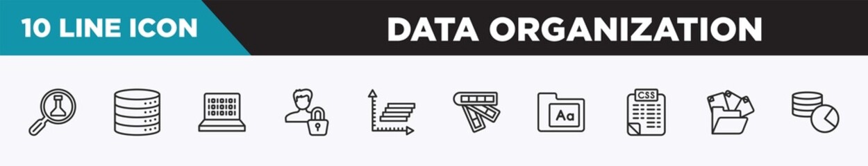 Poster - set of 10 outline data organization icons. editable thin line icons such as science research, data storage, binary code, authentication, frequency graph, color scheme, fonts vector illustration.