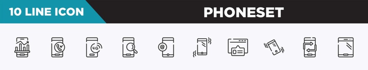 Poster - set of 10 outline phoneset icons. editable thin line icons such as business stats on phone, incoming call, 4g technology, searching by phone, mobile email, mobile phone vibrating, pop up vector