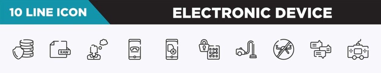 Poster - set of 10 outline electronic device icons. editable thin line icons such as database security, raw file, thoughtful, hang, no, pattern lock, vacuum vector illustration.