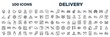 © VectorStockDesign - set of 100 outline delivery icons. editable thin line icons such as wooden crate, delivery in hand, use cutter, stack package, food logistics, logistics times, use hand truck, cardboard box with