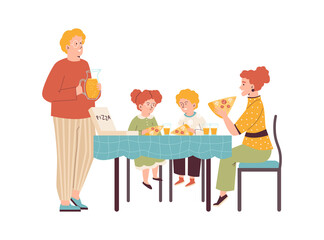 Wall Mural - Family joint home dinner with pizza, flat vector illustration isolated.