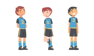 Wall Mural - Cute cheerful boys soccer players in blue uniform cartoon vector illustration