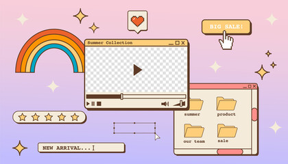 Fototapete - Vaporwave desktop wallpaper template for sale advertisment. Abstract vintage aesthetic background. 80s 90s old computer user interface dialog window and video player. Nostalgic retro computer. Vector.