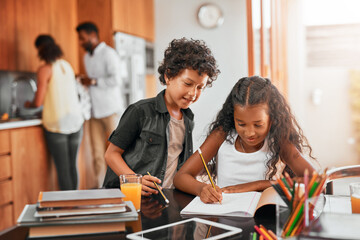 Wall Mural - Thats what sibling are for, to help. Shot of a boy helping his sister with her homework.