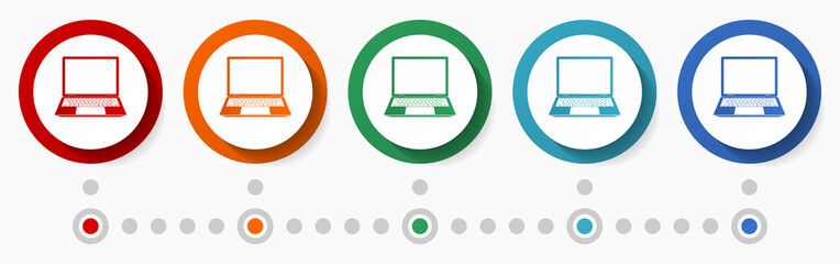 Poster - Laptop, notebook concept vector icon set, infographic template, flat design colorful web buttons in 5 color options