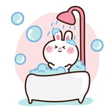 Baby Rabbit Taking A Bath Full Of Soap Foam Hand Drawn. Bunny Wash Body With Bubble In Bathroom Background. Cartoon Character Design. Kawaii Animal Doodle. Vector. Illustration.