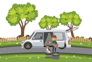 Wall Mural - Man playing guitar by the truck