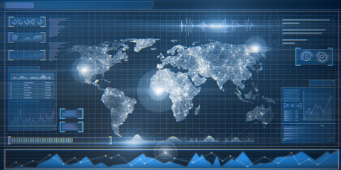 Wall Mural - abstract blue radar map interface on blurry background. spy and hud concept. 3d rendering.