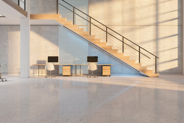 Poster - Modern wooden and concrete duplex office interior with sunlight, furniture and equipment. 3D Rendering.