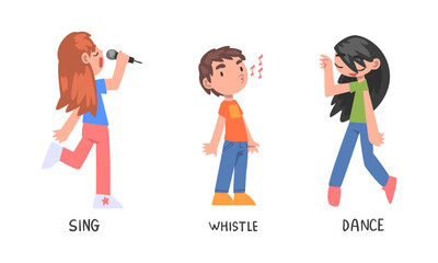 Sticker - Kids engaged in different activities set. Sing, whistle and dance action verbs for children education cartoon vector illustration