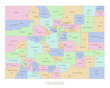 Colorado US state administrative district map in colors. American federal state highly detailed map with territory borders and counties names labeled realistic vector illustration