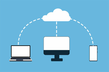 Poster - Online cloud storage concept vector. Transferring data from a mobile, laptop, and computer to cloud storage. Data save and transformation concept. Cloud data storage and management.