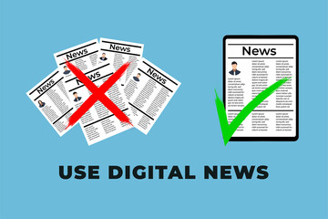 Poster - Use the digital news concept with a tab showing the news. Canceling or boycotting the newspaper. Choosing online news with a tab. Cancel and correct icons with a hand-drawn brush effect.