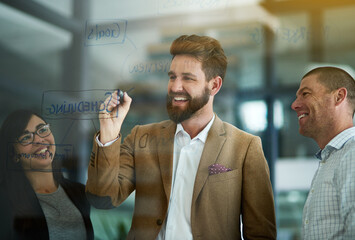 Poster - Success forms when brilliant minds come together. Cropped shot of a group of colleagues brainstorming on a glass wall in an office.