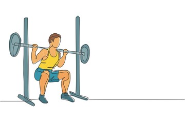 Poster - Single continuous line drawing of young sportive man train lifting barbell in sport gymnasium club center. Fitness stretching concept. Trendy one line draw design vector illustration graphic
