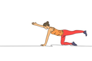 Poster - One continuous line drawing of young sporty woman working out pilates push up in fitness gym club center. Healthy fitness sport concept. Dynamic single line draw graphic design vector illustration
