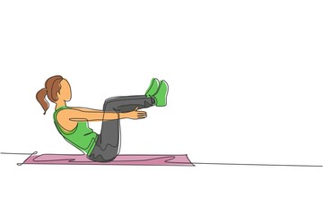 Poster - One continuous line drawing of young sporty woman working out lying sit up on the floor in fitness gym club center. Healthy fitness sport concept. Dynamic single line draw design vector illustration