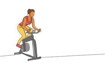 Poster - Single continuous line drawing of young sportive woman training endurance with static bike in sport gymnasium club center. Fitness stretching concept. Trendy one line draw design vector illustration
