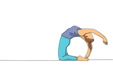 Poster - One single line drawing of young energetic woman exercise camel pose in gym fitness center vector graphic illustration. Healthy lifestyle sport concept. Modern continuous line draw design