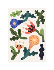 Leinwandbilder - Framed floral poster for modern interior. Contemporary abstract botanical wall art with flowers, plants in naive doodle style. Trendy picture with creative herbarium. Colored flat vector illustration