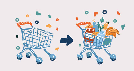 Vector illustration of empty shopping cart and a woman with a shopping cart full of food products