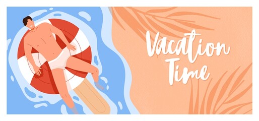 Wall Mural - Summer holiday banner with man relaxing, swimming on inflatable icecream in water at sea resort. Summertime vacation background with sand beach and happy tourist. Colored flat vector illustration