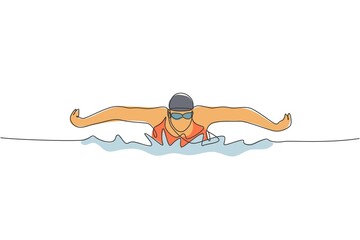 Poster - Single continuous line drawing of young happy professional swimmer man focus training in gym swimming pool center. Healthy lifestyle concept. Trendy one line draw design graphic vector illustration