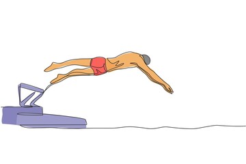 Poster - One single line drawing of young sporty fit swimmer jump to practice swimming in indoor pool sport center vector illustration. Healthy lifestyle and sport concept. Modern continuous line draw design