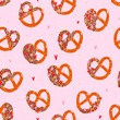 Lovely pretzels with sprinkles, vector seamless pattern