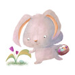 Cute lovely easter bunny with a basket hides eggs under tulips. Adorable cartoon character.