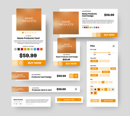 Poster - Set of vector product UI cards with square elements for photos and orange mobile app store buttons. Design templates for shopping carts, filters, search strings with product descriptions
