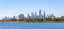 Melbourne Cityscape With Skyscrapers, Blue Sky And Yarra River.