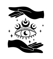 Wall Mural - mystical witch hands with evil eye and moon phases isolated clipart, celestial boho hands holding th