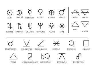 astronomy esoteric symbols or icons isolated clip arts bundle, hand drawn mystical items, decorative
