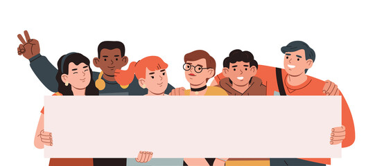 Wall Mural - Group of smiling young men and women holding blank banner. Happy people standing together. Male and female protesters or activists. Hand drawn vector  flat cartoon style illustration. 