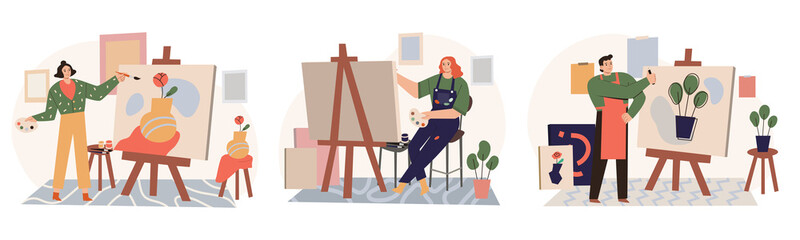 Set of artists painting or drawing on canvas in a studio. Cartoon colorful hand drawn vector illustration in flat style