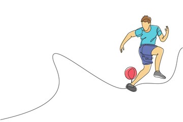 Poster - one single line drawing of young man perform soccer freestyle, jump juggling ball with heel at city 