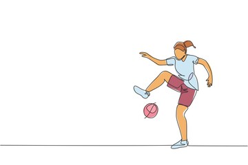 Wall Mural - One continuous line drawing of young sporty man soccer freestyler player practice juggling the ball in the street. Football freestyle sport concept. Dynamic single line draw design vector illustration