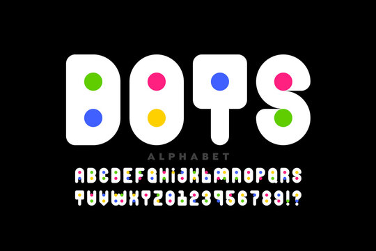 Playful style font design with colorful dots inside, game alphabet letters and numbers vector illustration