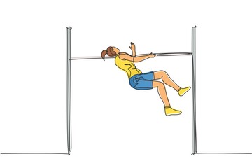 Poster - Single continuous line drawing of young sportive woman training high jump to pass the bar at field. Healthy athletic sport concept. Tournament event. Trendy one line draw design vector illustration