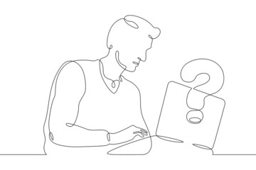 One continuous line.Man is sitting at a laptop. Search for an answer to a question on the Internet. Computer work.One continuous line drawing. Line Art isolated white background.