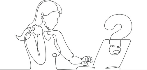 Poster - one continuous line.woman is sitting at a laptop. search for an answer to a question on the internet